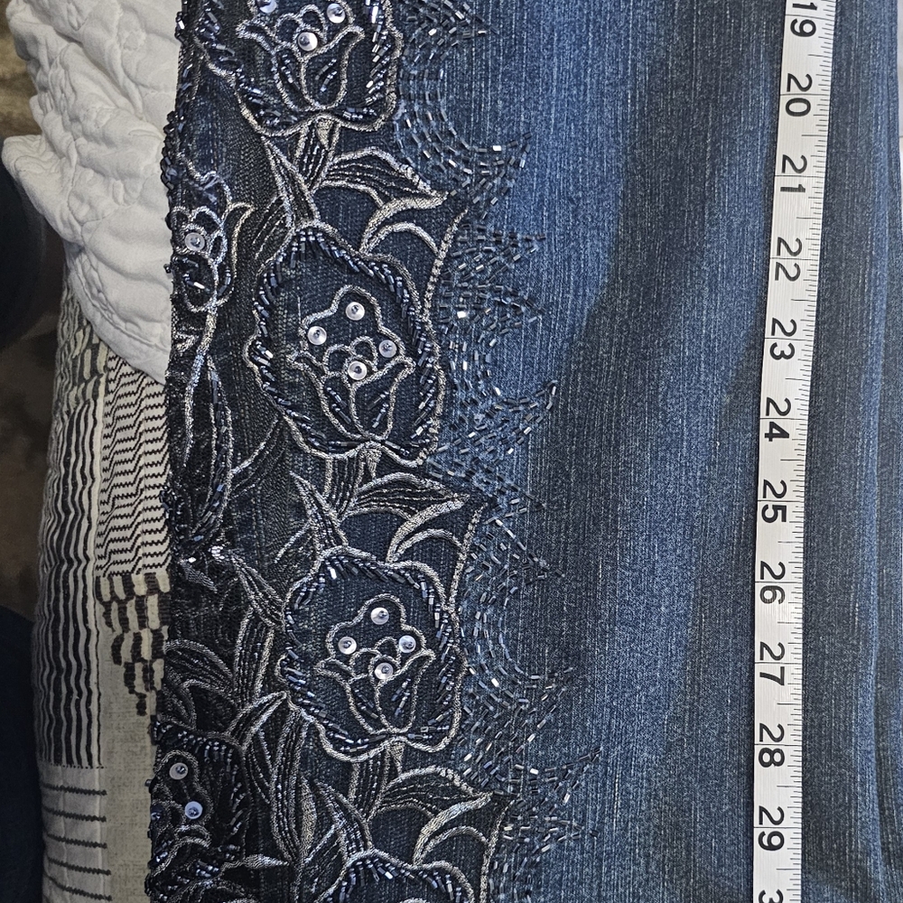 Boston Proper Dark Blue Denim Jeans Pants embroidered floral Sequins Sz 16 - Picture 8 of 10